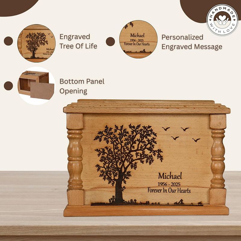 Tree of Life Engraved Wooden Urn | Beech Wood