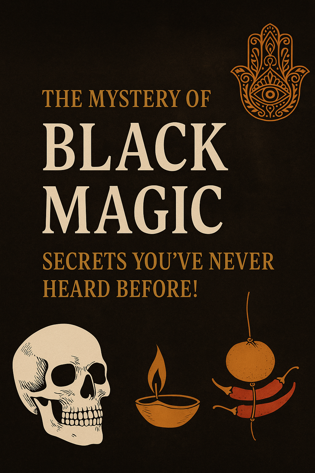 Visual banner for blog titled The Mystery of Black Magic &ndash; Secrets You&rsquo;ve Never Heard Before, featuring Indian mystical symbols like skull, oil lamp, lemon and chillies, and Hamsa hand in dark traditional design.