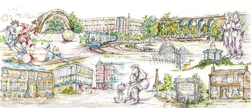 Sheffield in England Cityscape Illustration Capturing Historical Landmarks and Nostalgia.