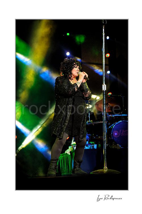 Vertical color image of Ann Wilson singing into a microphone during a Heart concert beside a tall mic stand under vivid green and yellow stage lights