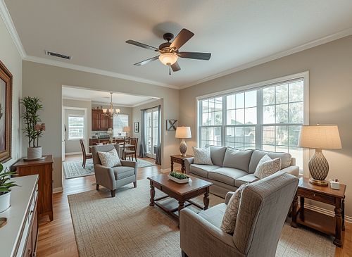 Wide-angle real estate photograph of a warm and inviting traditional living room in a Gainesville home, showing comfortable seating and views into the adjacent dining area.