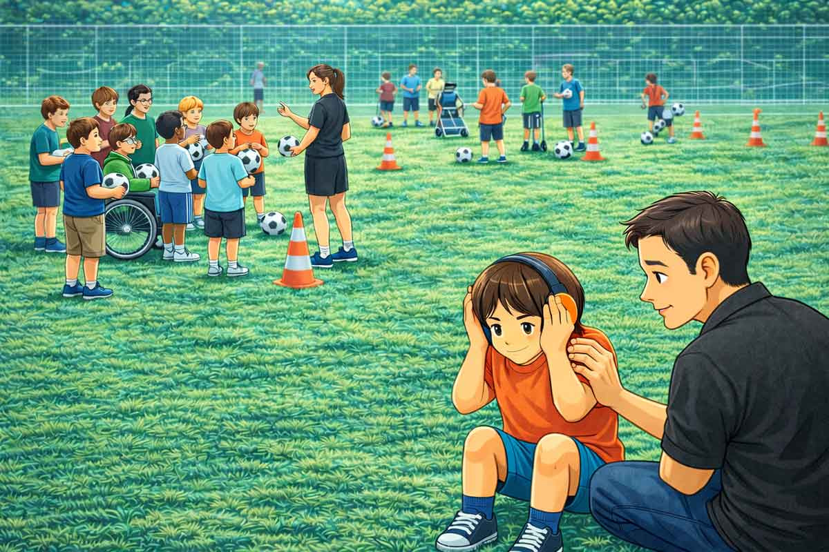 Ein Trainer sitzt neben einem Kind mit Kopfhörern, spricht ruhig mit ihm, während im Hintergrund ein strukturiertes Training in kleinen Gruppen mit klaren Abläufen stattfindet.