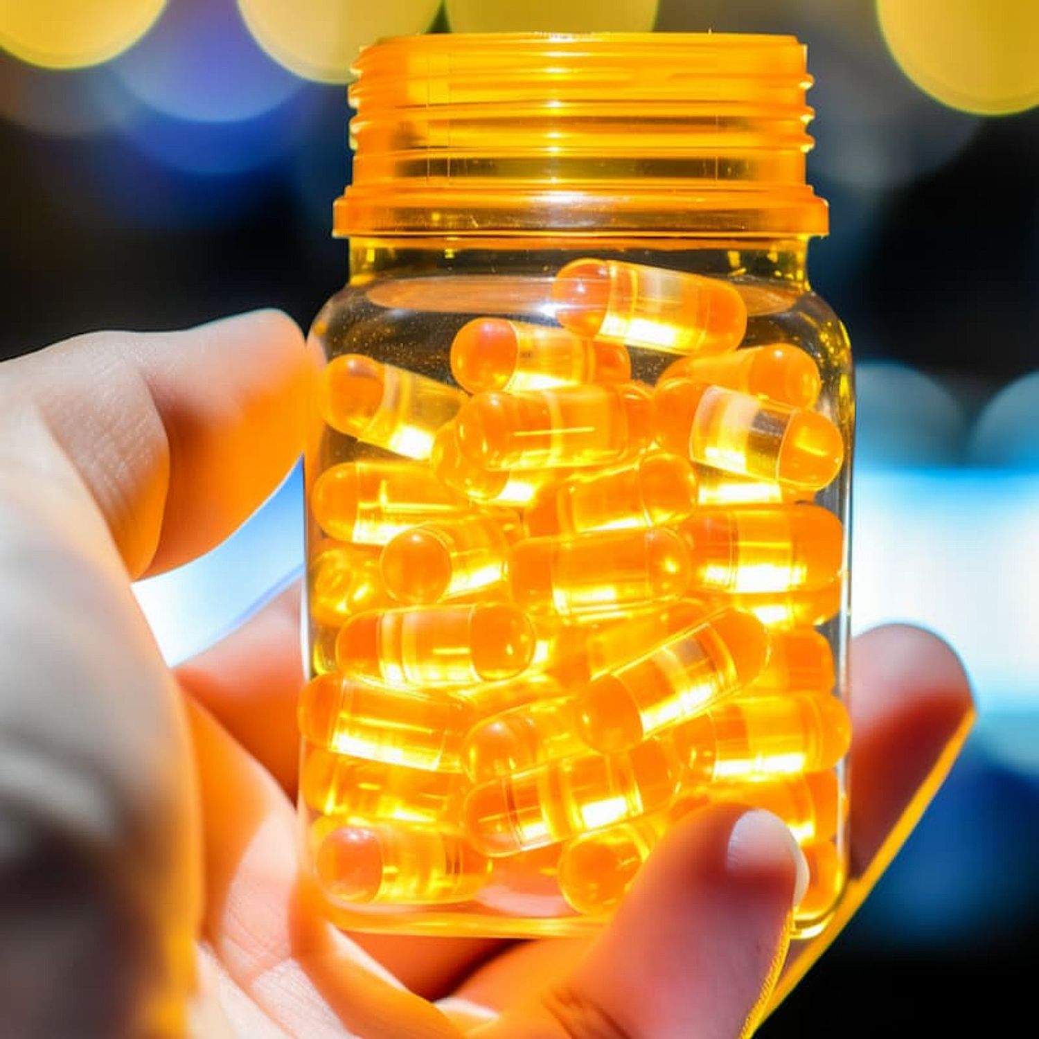 Menopausal woman holding HRT prescription medication in a see through bottle