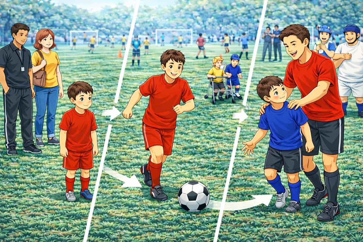 Dreiteilige Darstellung zeigt die Entwicklung eines Kindes im Fußball: vom Einstieg mit Begleitung über aktives Spielen bis zur selbstständigen Teilnahme im Team.