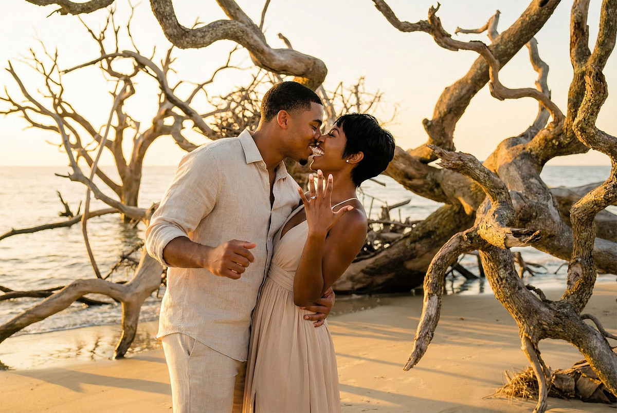 Couple celebrating a sunrise engagement at Boneyard Beach, Jacksonville, featuring driftwood and a fine art aesthetic.