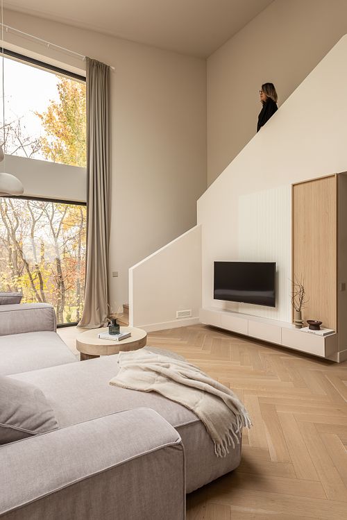 Living room interior with soft light and subtle human presence – Faget project