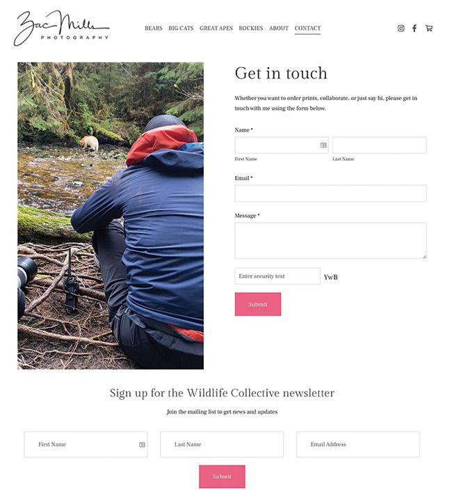 Contactpagina voor fotografieportfolio van Zac Mill