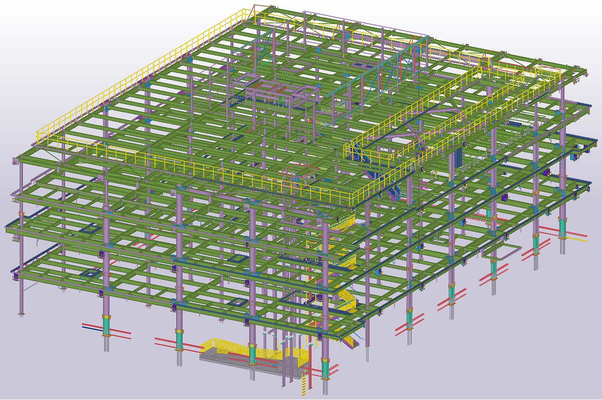 Tekla integrated model of concrete foundation and steel frame