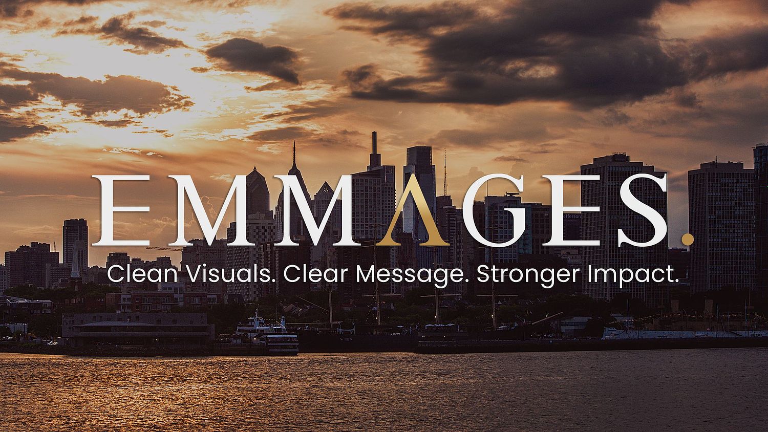 Philadelphia skyline at sunset &ndash; visual banner for Emmages, a strategic event photography brand founded by Andriana Ortiz