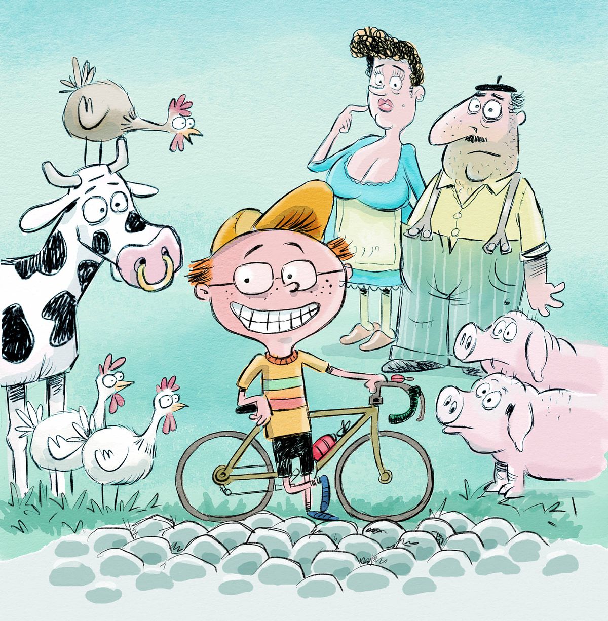 Julien met zijn nieuwe koersfiets. Dieren en ouders kijken vertwijfelend toe.