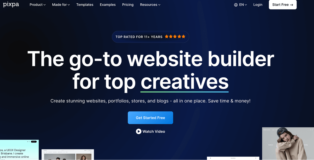 Screenshot di Pixpa's homepage