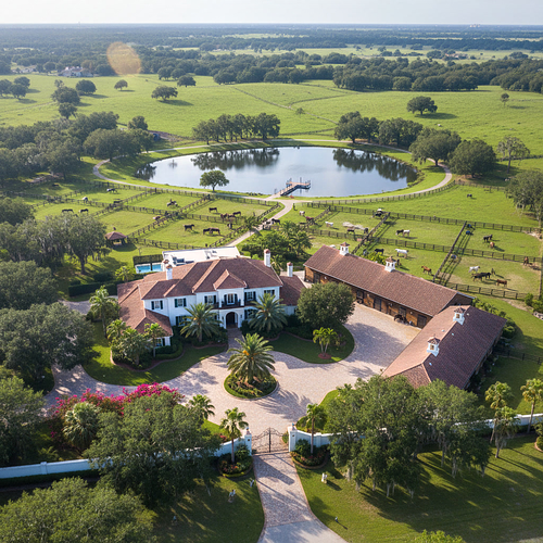 High-altitude aerial drone photography of a luxury equestrian estate featuring a main residence, large pond, and professional horse stables by PrimePropertyPhoto in Gainesville, FL.