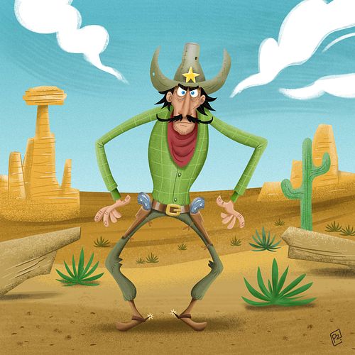 Illustratie voor een kinderboek, cowboys in het wilde westen