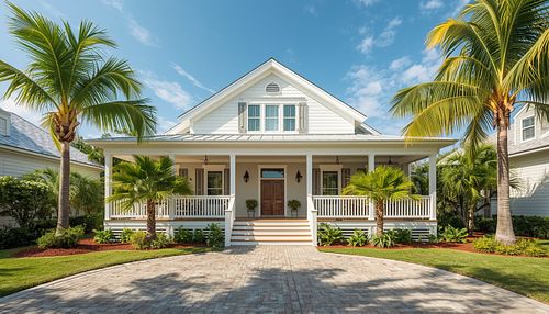 Professional exterior real estate photography of a white coastal-style cottage with a wide front porch and palm trees in Gainesville, FL, by PrimePropertyPhoto.