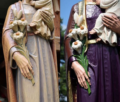 before and after statue restoration of St. Joseph showing the lilies and tunic
