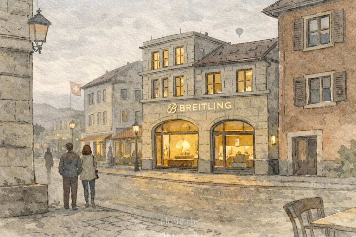 Illustration of Breitling store in a Swiss town with Breitling Orbiter above it | Martin Lincoln Potter