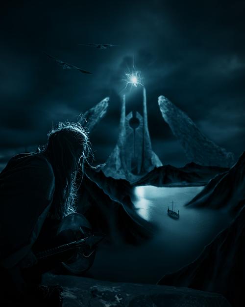 A dark teal scene of a viking woman looks out toward an ominous gate reminiscent of Mordor as viking boat sails toward it.