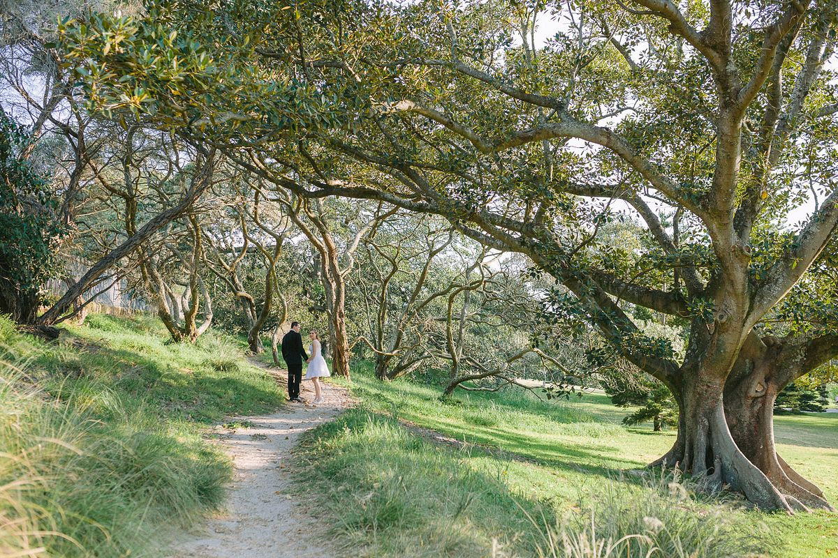 Scenic wedding photo of the couple standing hand in hand with a breathtaking backdrop at Centennial Park.