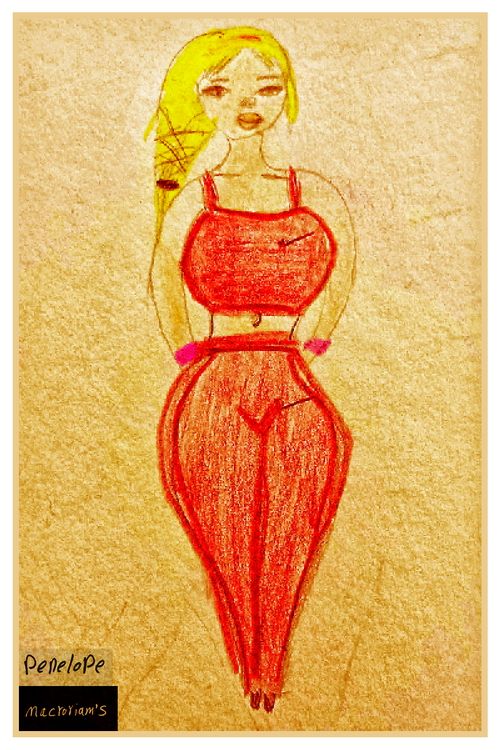 A sketch of a woman with blonde hair, wearing a red outfit. She stands confidently with her arms behind her back on a textured paper background.