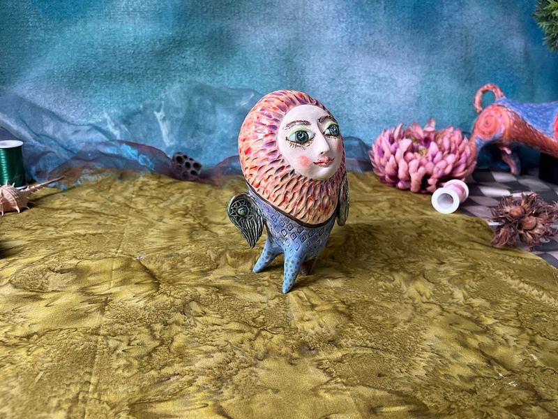 Moon-faced owl, little ceramic sculpture