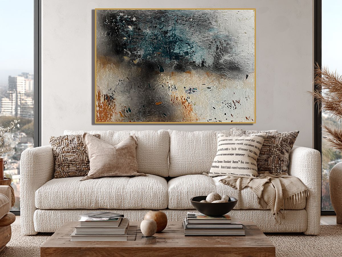 Large black and white contemporary abstract painting with sand-infused textures in a minimalist living room setting, showcasing modern luxury wall art