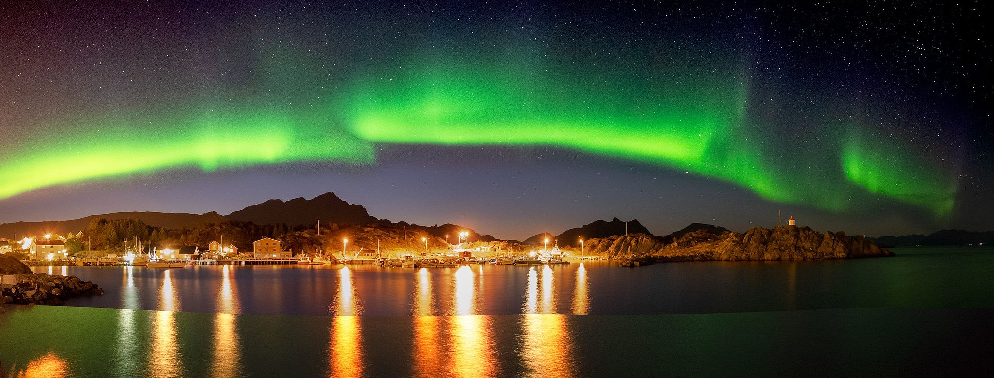 Northern Lights Over Stamsund Harbor - Lofoten, Norway