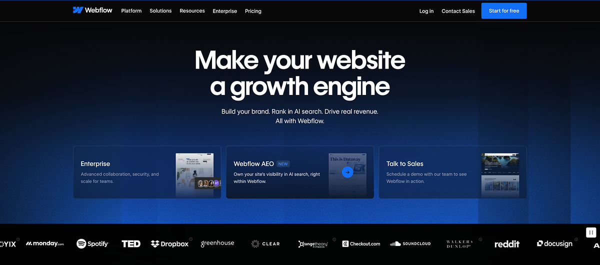 Webflow homepage showing the visual website builder with custom CSS control and CMS