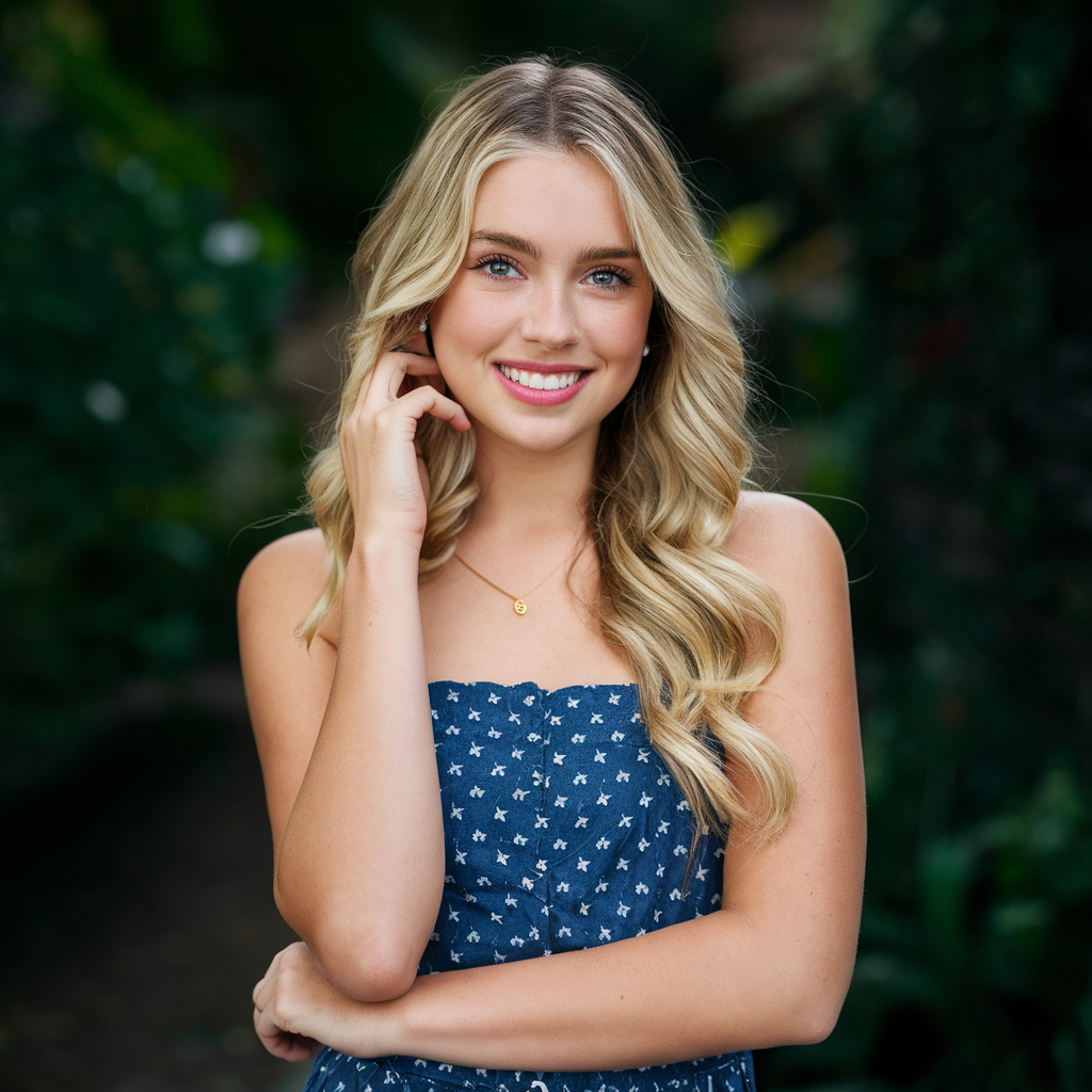 High school senior posing confidently outdoors in natural light.