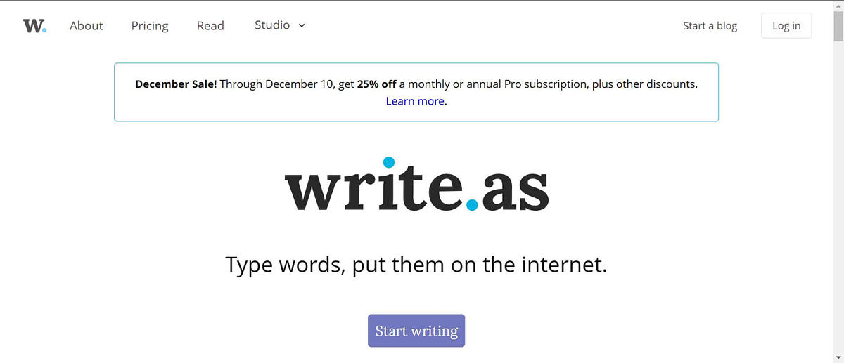 página inicial do write.as