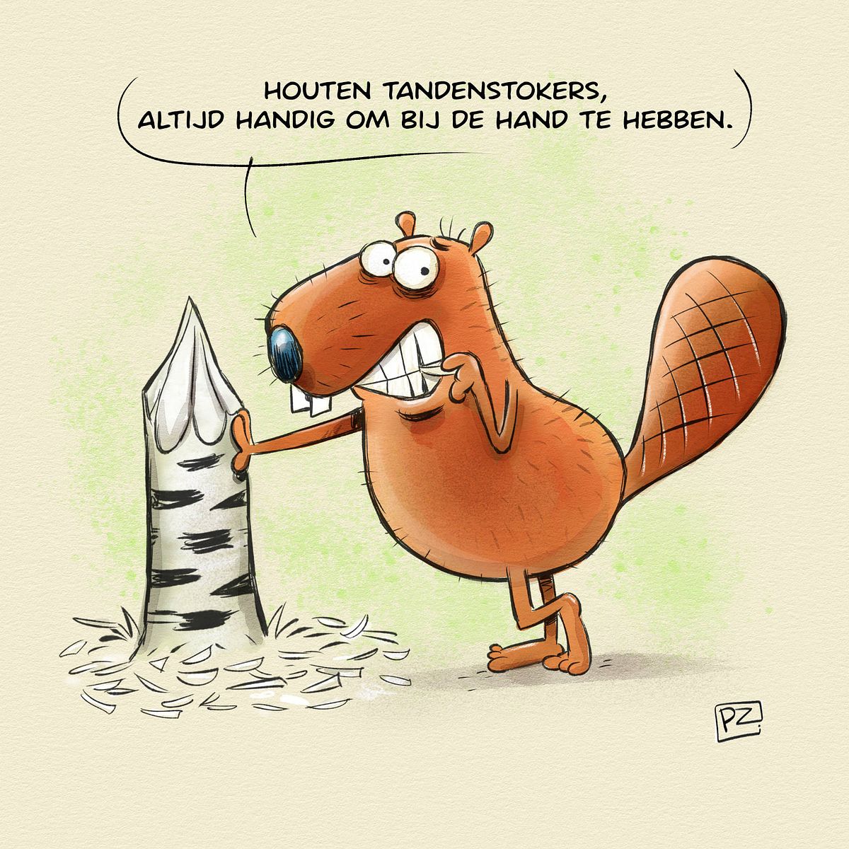 cartoon van een bever die een tandenstoker gebruikt.