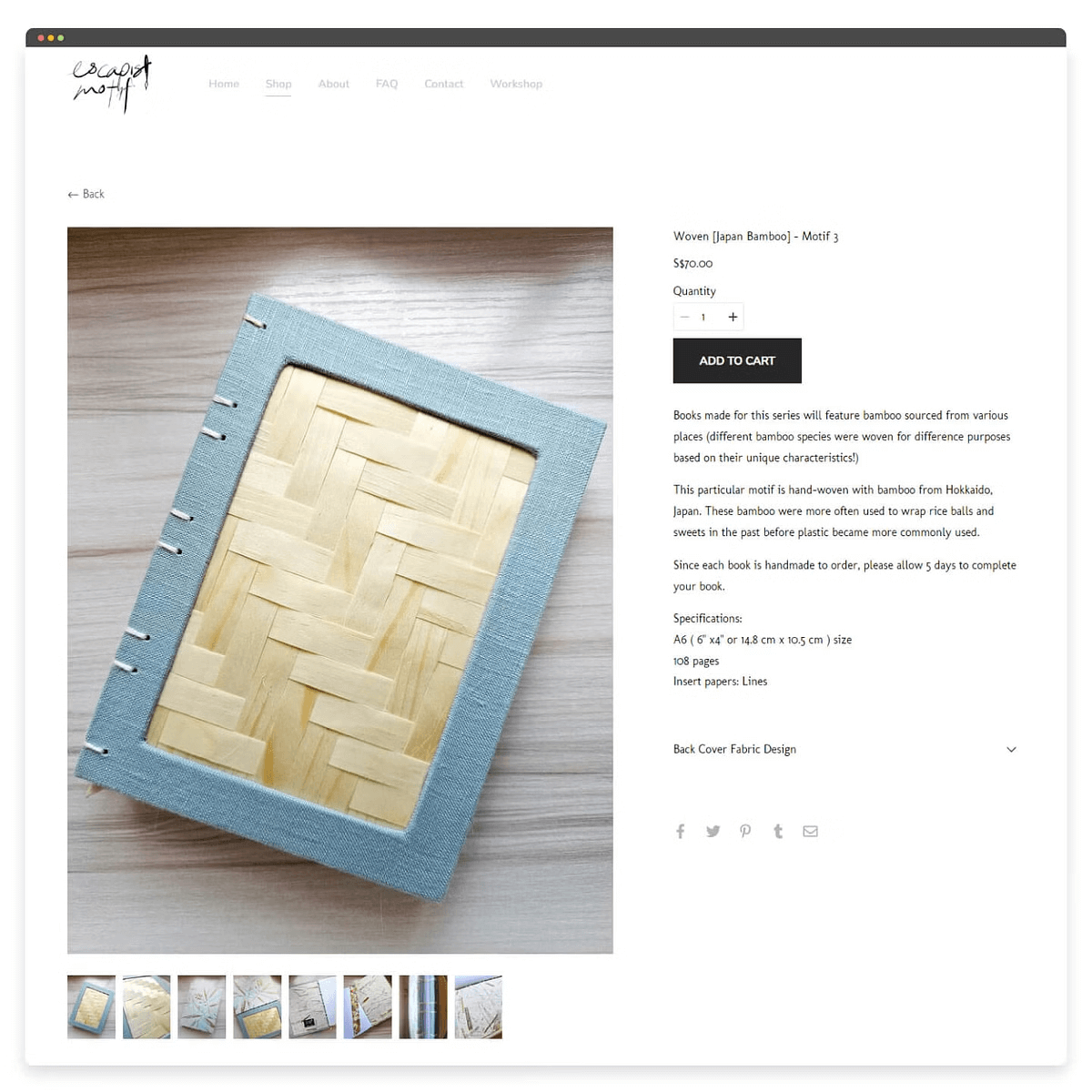 Online store page of Escapist Motif