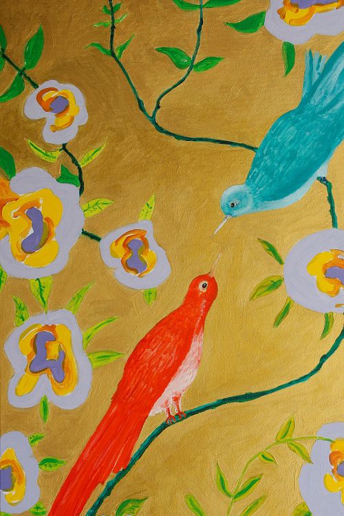 Turquoise and Orange Bird with Liliac, Purple, and Yellow Flowers.