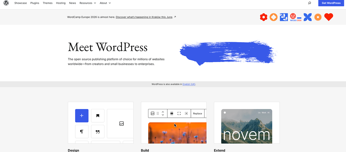 WordPress homepage showing the open-source CMS with themes and plugins