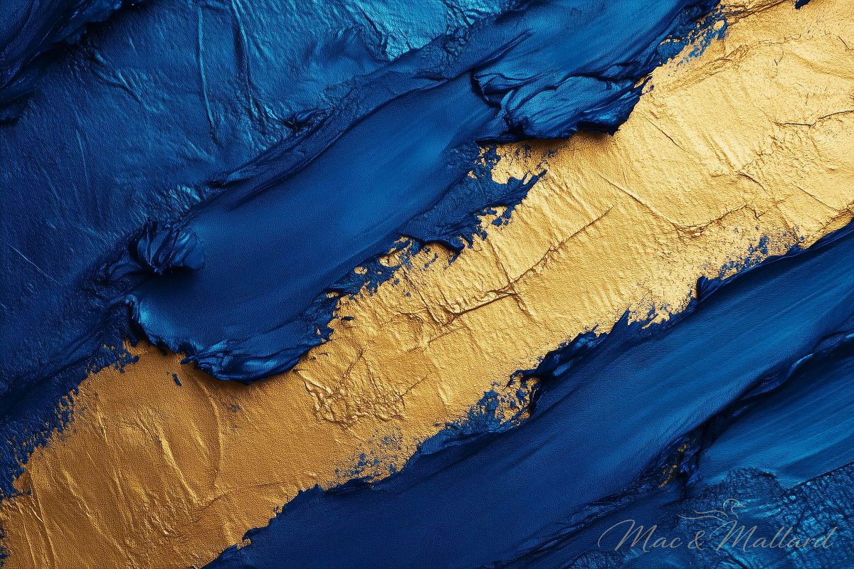 Bold Blue and Gold Abstract Painting Showcasing Textured Brush Strokes and Vibrant Colors