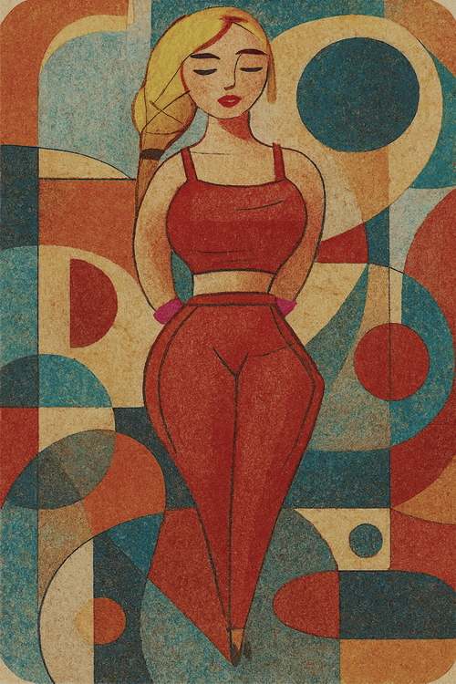 A stylized depiction of a woman wearing a red outfit, set against a backdrop of geometric shapes. The composition features a mix of circles, triangles, and rectangles in a harmonious layout.