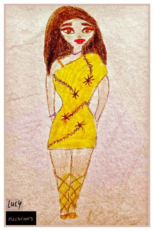 A woman stands confidently in a bright yellow dress adorned with star-like patterns. She has long hair and is wearing matching lace-up shoes.
