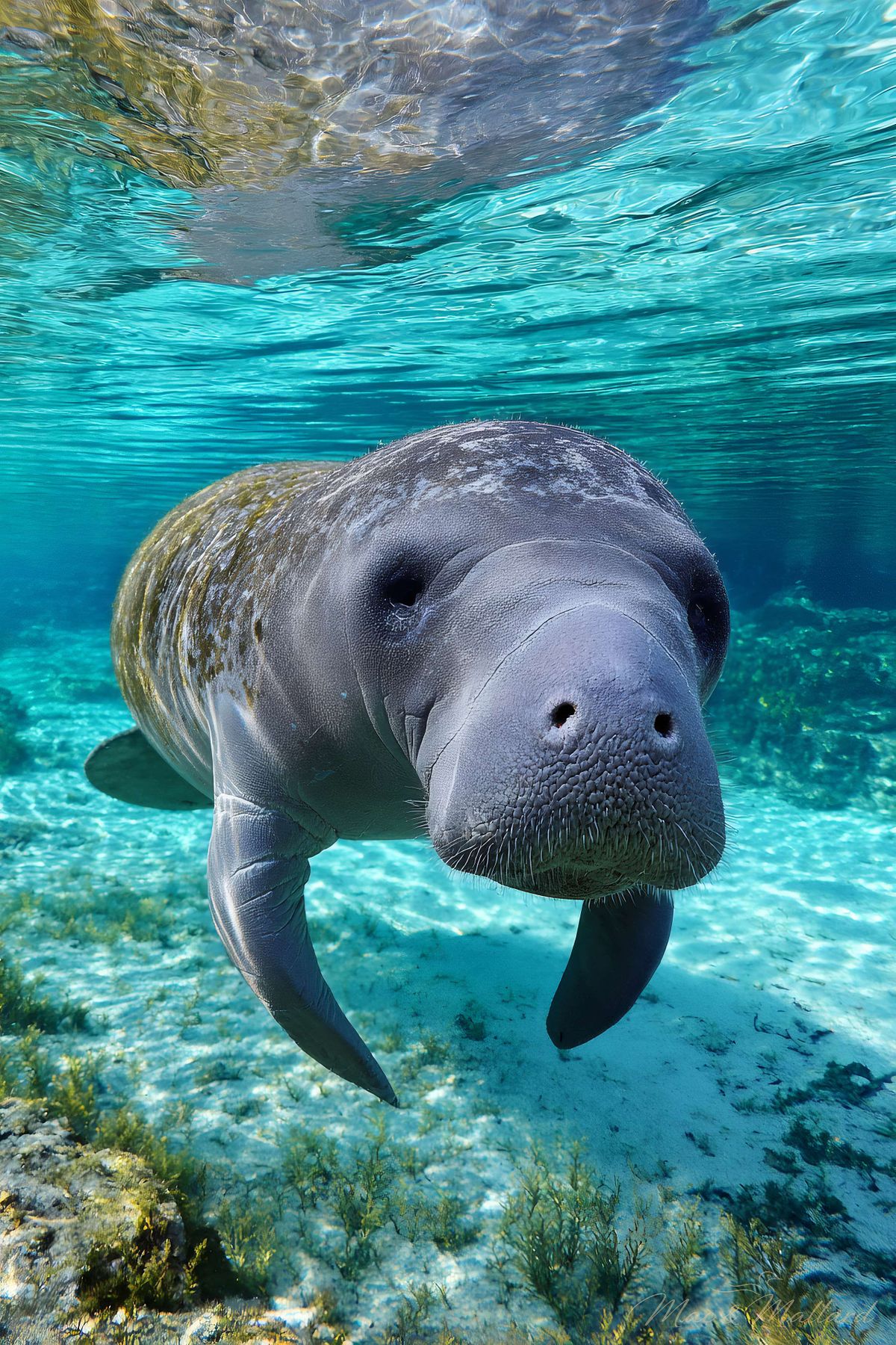 Manatee swimming gracefully in clear turquoise water