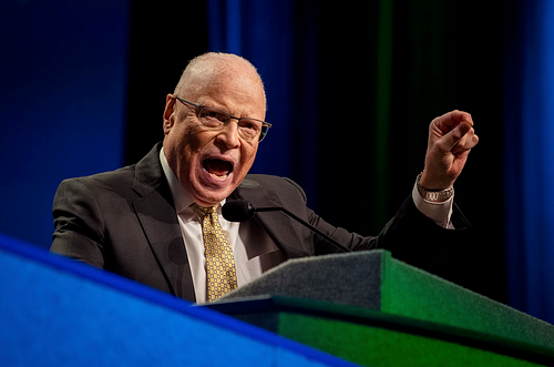 Lee Saunders, President of AFSCME, delivers a passionate keynote at the 45th International Convention in Philadelphia, addressing labor rights and public service leadership.