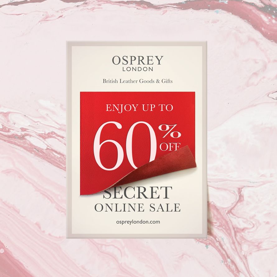 postcard showing a red leather swatch lifting up to reveal secret sale