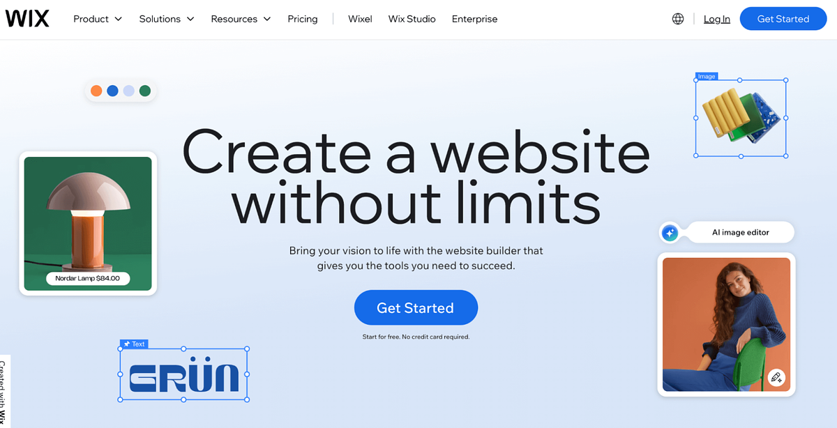 Screenshot of Wix's homepage