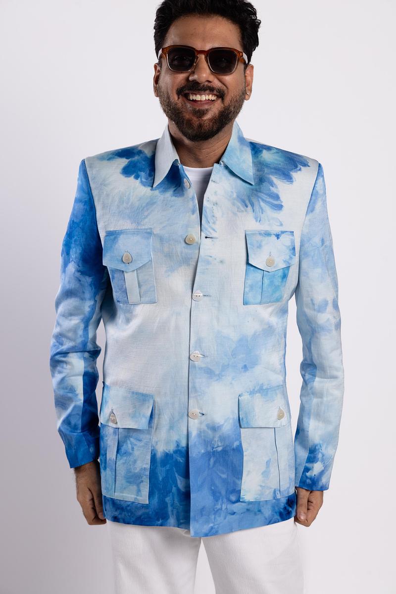 Linen Satin Safari Blazer - Summer Sky