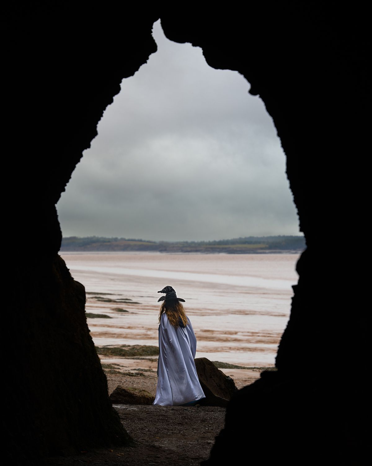 A witch looking out at the ocean framed by the Hopewell rock formations