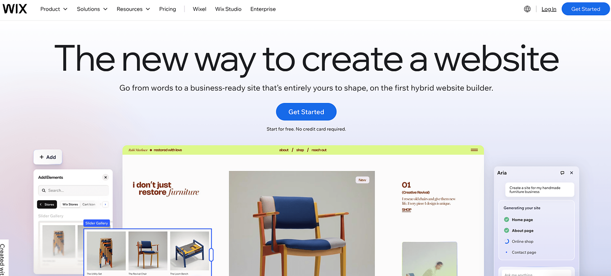 Wix homepage showing the drag-and-drop website builder with AI site generation
