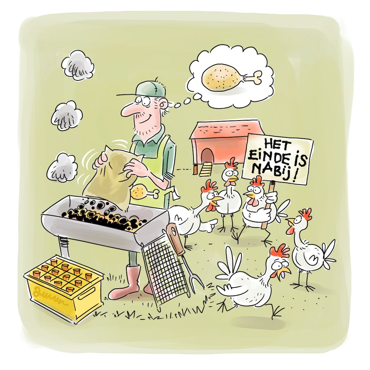 cartoon met een kip die het einde van de wereld verkondigd als hij ziet hoe een man de BBQ aansteekt.