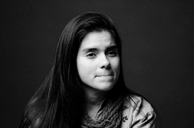 Thinking portrait of a woman in Black and White