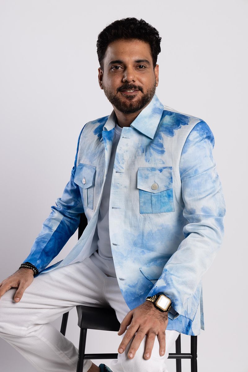 Linen Satin Spread Collar Blazer Summer Sky (Blue)