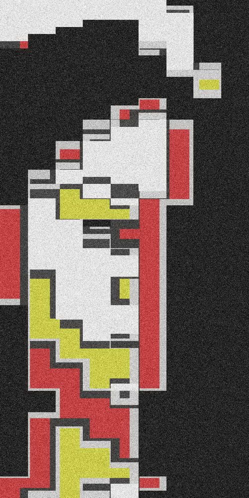 A geometric composition forms the outline of a face using bold red, yellow, and white rectangles against a dark background. The style gives a modern and pixelated effect.