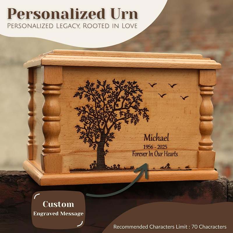 Tree of Life Engraved Wooden Urn | Beech Wood