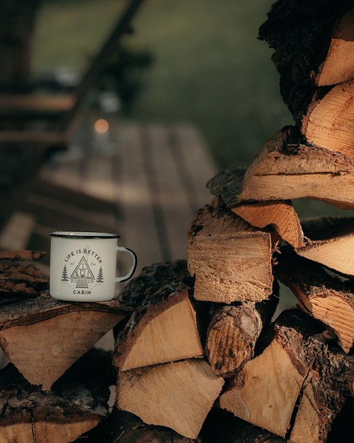 Stacked firewood detail near a cozy forest cabin