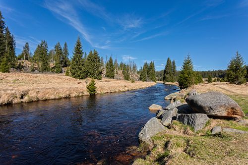 Rivière bordée de prairies sous ciel clair.